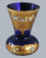Cseh zománcfestett kék váza, hibátlan, m: 15,5 cm