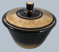 cca 1930 Aranyozott hialitüveg fedeles edény, kopással, d: 15 cm, m: 13 cm