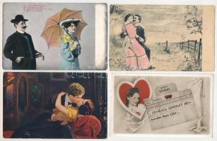79 db RÉGI motívum képeslap: szerelmespárok, hölgyek, üdvözlőlapok, közte 1 titkosírással írt és kev...