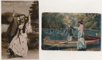 79 db RÉGI motívum képeslap: szerelmespárok, hölgyek, üdvözlőlapok, közte 1 titkosírással írt és kev...