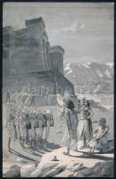 Laszgallner Oszkár (1879-1944): Egyiptomi katonák. Vegyes technika, papír, jelezve jobbra lent. Kartonra kasírozva. Kissé foltos. 28x18,5 cm