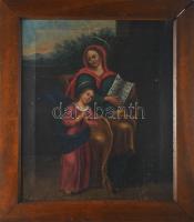 Jelzés nélkül, XIX. sz. festő: Szent Anna olvasni tanítja Szűz Máriát. Olaj, vászon. Sérült. Fakeretben. 41,5×34 cm