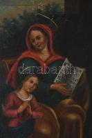 Jelzés nélkül, XIX. sz. festő: Szent Anna olvasni tanítja Szűz Máriát. Olaj, vászon. Sérült. Fakeret...