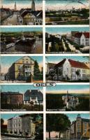 1923 Olesnica, Oels; Ring, Total, Schlosskirchturm, Gymnasium mit Wilhelmplatz, Pfarrhaus, Seminar und Präparandie, Kronprinzl. Schloss, Kronprinz Wilhelm Schule, Lyzeum, Gr. Feldstrasse / multi-view postcard (EB)