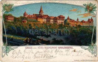 1907 Wien, Vienna, Bécs XIX. Gruss vom Hotel-Restaurant Kahlenberg / railway, locomotive, train. Josef Eberle Art Nouveau litho (EM)