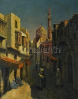 G. Rovello jelzéssel, 1920-1940 körül: Arab utca. Olaj, vászon. Hátoldalán Róna Miklós Képszalon (Bp., Teréz krt. 5.) 1940 körüli raglapjával. Dekoratív fakeretben. 53×42 cm