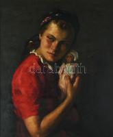 Rezes Molnár Lajos (1896-1989): Lány babával. Olaj, vászon, jelzett. Hátoldalán Róna Miklós Képszalon (Bp., Teréz krt. 5.) 1940 körüli raglapjával. Dekoratív, kissé sérült fakeretben. 65×56 cm