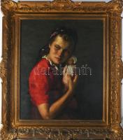 Rezes Molnár Lajos (1896-1989): Lány babával. Olaj, vászon, jelzett. Hátoldalán Róna Miklós Képszalo...