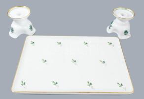 Augarten Wien porcelán tálca 22,5x16,5 cm + 2 darab gyertyatartó, m: 6 cm, jelzett.