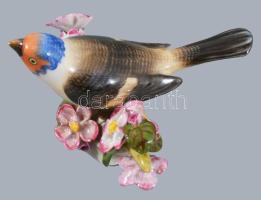 Herendi madár virágos ágon, jelzett, restaurált, 12x11 cm