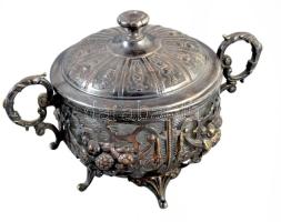 Antik áttört mintás ezüstözött cukortartó, üveg betéttel, 18x12 cm