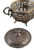 Antik áttört mintás ezüstözött cukortartó, üveg betéttel, 18x12 cm