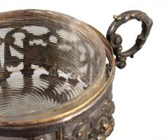 Antik áttört mintás ezüstözött cukortartó, üveg betéttel, 18x12 cm