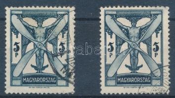 1933 Repülő II. 5P 2 db bélyeg kisebb papírhibákkal