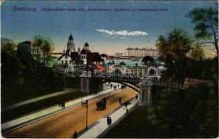 Hamburg, Helgolander-Allee mit Hochbahnhof, Hafentor und Landungsbrücke / view, railway station, bridge (EK)
