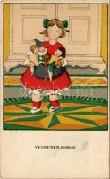 Vegyenek babát. Egy jó kislány viselt dolgai II. sorozat 1. szám. Radó / Hungarian art postcard s: K...