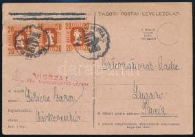 1946 Levelezőlap hadifogoly keresés ügyben 40f bérmentesítéssel, kisegítő számbélyegzővel Sárkeresztúrról a Luganoi Rádióhoz, "20f DÍJKIEGÉSZÍTÉS VÉGETT" visszaküldve, a 20f bélyeget utólag felragasztották. Érdekes és ritka darab!