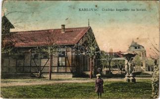 1916 Károlyváros, Karlovac; Gradsko kupaliste na korani / Városi uszoda a Korana folyón. M. Fogina kiadása / swimming pool on the Korana River (tűnyomok / pin marks)