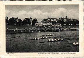 Bremen, Weserpartie am Osterdeich, Weser-Terrassen / riverside with rowers (fl)