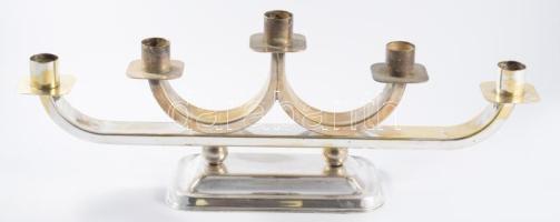 cca 1930 Quist art deco ezüstözött ötágú gyertyatartó, jelzett, kopással, 46x16 cm