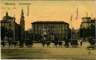 1907 Würzburg, Bahnhofsplatz / square, horse-drawn carriages, tram (fa)