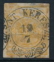 1850 1kr HP narancs okker vízjeles bélyeg "SZENT KERESZT" (elvékonyodás, foltos / thin paper, spots)