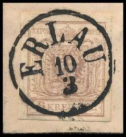 ~1855 6kr MP III. világosbarna bélyeg levélen "ERLAU" - "PESTH Früh" Certificate...