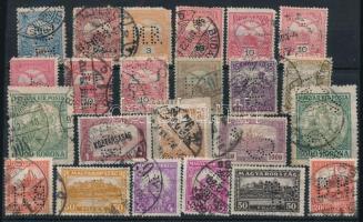 23 db régi magyar bélyeg stecklapon, a legtöbb céglyukasztással