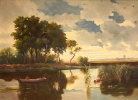 d. P. Steiner Victor jelzéssel, XX. sz. első fele: Vízpart csónakossal és kacsákkal. Olaj, vászon. Dekoratív, kissé kopott fakeretben. 72x100 cm. KIZÁRÓLAG SZEMÉLYES ÁTVÉTEL, NEM POSTÁZZUK / ONLY PERSONAL COLLECTION IN OUR OFFICE!