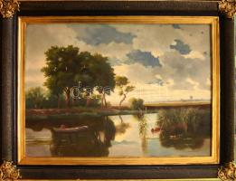 d. P. Steiner Victor jelzéssel, XX. sz. első fele: Vízpart csónakossal és kacsákkal. Olaj, vászon. D...