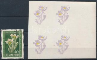 1950 Virág 40f fázisnyomat ívszéli négyestömbben + támpéldány