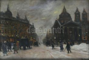 Berkes Antal (1874-1938): Nagyvárosi utca. Olaj, karton, jelzett. Üvegezett, kissé sérült fakeretben...