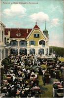 Mariánské Lázne, Marienbad; Pension u. Hotel Rübezahl / hotel and restaurant, terrace with guests and waiters (EB)