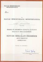 1985 Bányász szolgálati érdemérem ezüst fokozata, szalaggal. adományozó oklevéllel rajta Lázár György aláírásával