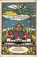 1928 Boldog Karácsonyi Ünnepeket! Nyomtatta és kiadja Kner Izidor, Gyoma / Hungarian art postcard with Christmas greeting s: Kozma + "BUDAPEST - NAGYKANIZSA 8 A" vasúti mozgóposta bélyegző (EK)