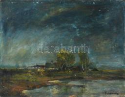 Olvashatatlan (Kasznár?) jelzéssel: Táj házakkal. Olaj, karton. Sérült. 39,5x50 cm