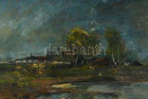 Olvashatatlan (Kasznár?) jelzéssel: Táj házakkal. Olaj, karton. Sérült. 39,5x50 cm