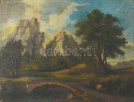 Jelzés nélkül, XIX. sz. vége/XX. sz. eleje: Táj híddal. Olaj, rétegelt lemez. 31x40,5 cm