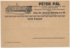 Kolozsvár, Cluj; Péter Pál Atelier de Caroseri modern aranjat si actionat prin forta electrica. E. Katz / Péter Pál villanyerőre berendezett modern Karosseria-üzem / automobile factory advertisement (non PC) (EK)