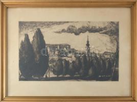 Bencze László (1907-1992): Buda. Rézkarc, papír, jelzett, üvegezett fakeretben. 26,5x44,5 cm