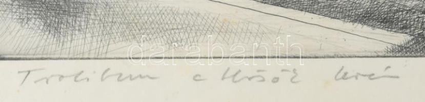 Gaál Domonkos (1940-2009): Trolibusz a Hősök terén, 1966. Rézkarc, papír, jelzett. Ázásnyomokkal, ap...