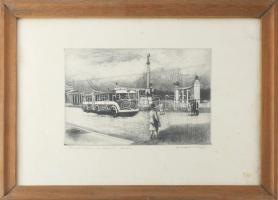 Gaál Domonkos (1940-2009): Trolibusz a Hősök terén, 1966. Rézkarc, papír, jelzett. Ázásnyomokkal, ap...