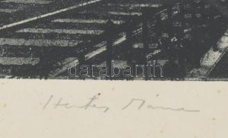 Hertay Mária (1932-2018): Villamos a Duna-parton (Budapest). Rézkarc, papír, jelzett. Apró foltokkal...