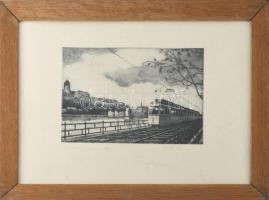 Hertay Mária (1932-2018): Villamos a Duna-parton (Budapest). Rézkarc, papír, jelzett. Apró foltokkal...