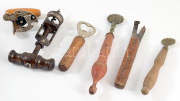 Vegyes régi tárgy tétel, közte dugóhúzó, derelyevágó