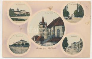 1915 Szászsebes, Mühlbach, Sebesul Sasesc, Sebes; Ev. Gymnasium, Evang. Kirche, Staatschule, Kath. Kirche, Rosengasse / evangélikus gimnázium és templom, iskola, katolikus templom, utca / Lutheran school and church, school, Catholic church, street (fl)
