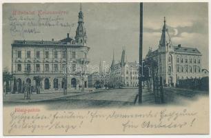 1900 Kolozsvár, Cluj; Bénig-palota, Wagner Sebestyén, Bojáki Sándor üzlete, este holdfényben / palace, shops at night in moonlight (gyűrődés / crease)