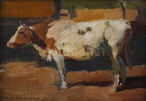 Juszkó Béla (1877-1969): Tehén, 1926. Olaj, vászon, kartonon, jelezve balra lent, dekoratív fakeretben. 13,5x20 cm