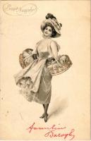 1903 Prosit Neujahr / New Year greeting art postcard, lady with pigs. litho (fl)