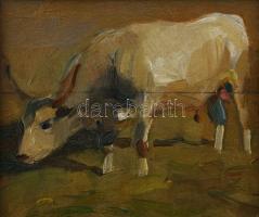 Juszkó Béla (1877-1969): Bika, 1926. Olaj, vászon, kartonon, jelezve balra lent, közepén réssel. Dekoratív fakeretben. 13x15 cm
